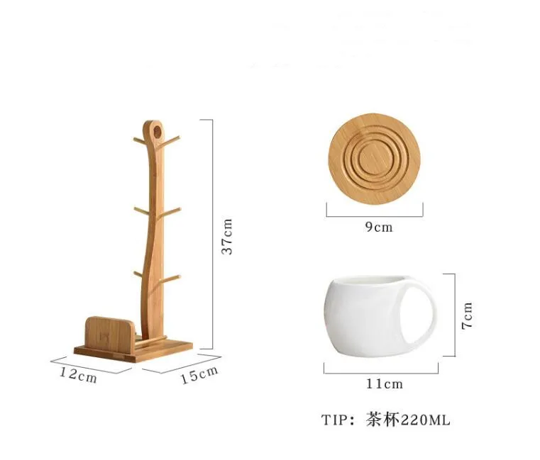 

Six-piece simple ceramic cup set 220ml tea cup coffee cup three-dimensional bamboo and wooden bracket striped non-slip coaster