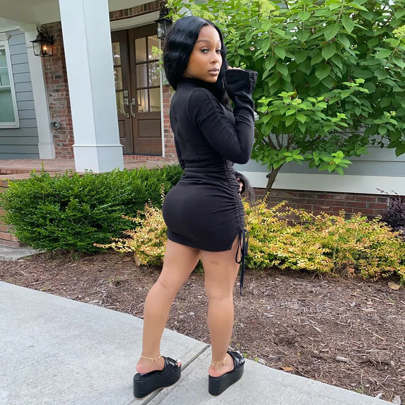 

2020 Casual Ribbed Knit Ruched Dress Women Lace Up Long Sleeve Solid Black Bandage Dress Hollow Out Ladies Short Bodycon Dress
