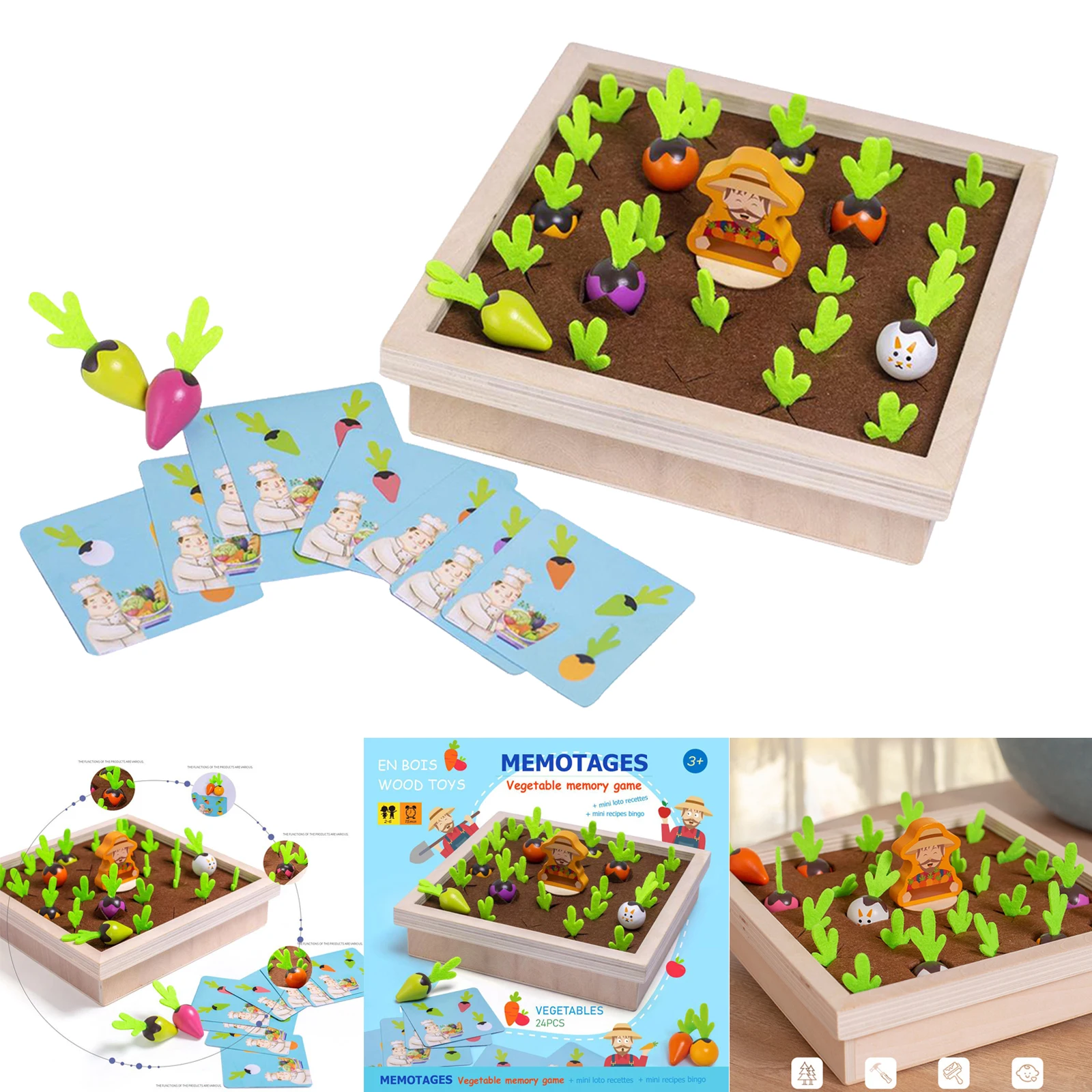 

Wood Radish Farm Game Montessori Toys Puzzle Fun Chess Board Games Age 3+