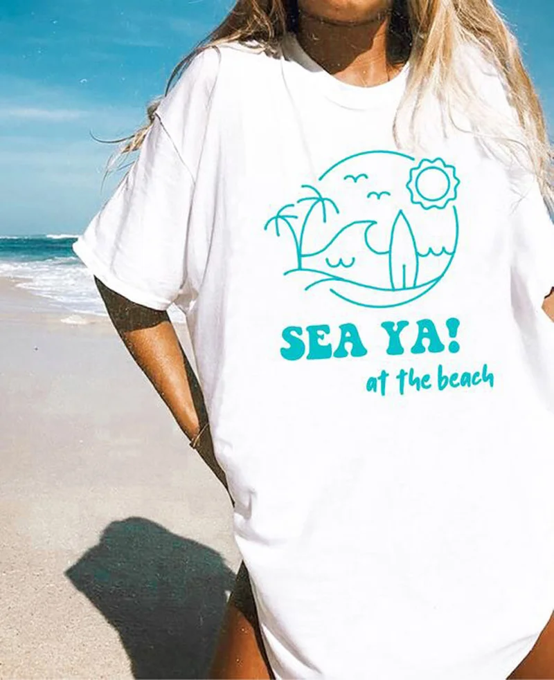 

White Sea Wave Print Loose Beach Fashion Graphic T Shirts Women Streetwear Top New Summer Plus Size Short Sleeve Casual T Shirt