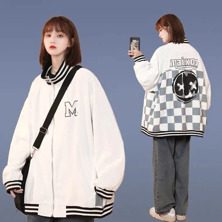 

Baseball Uniform Woman Spring Autumn Jackets For Girls All Match Clothes Korean Fashion Streetwear Plaid Print Women's Jacket