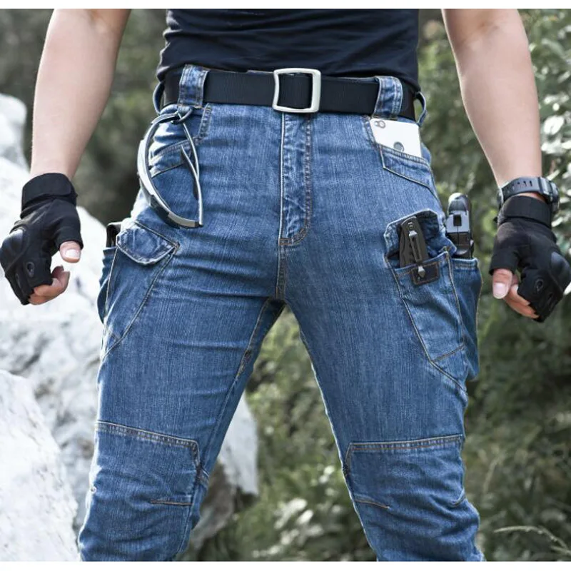 Мужские тактические джинсовые штаны эластичные джинсы брюки удобные длинные с