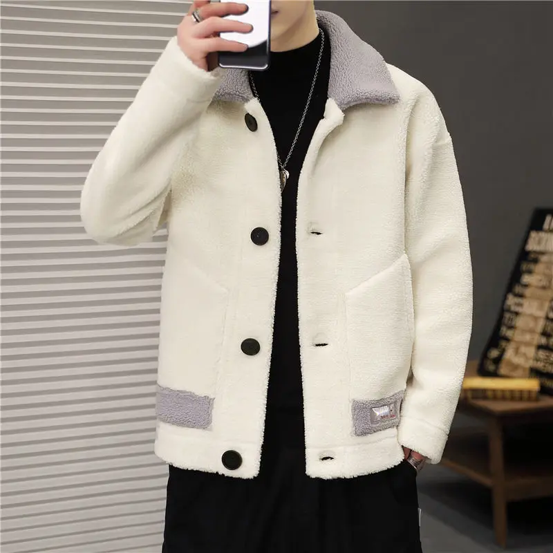 

Men 2021 Autumn Winter New Short Woolen Overcoats Men's Long Sleeve Lamb Fur Jackets Male Solid Color Casual Wool Outwear O637