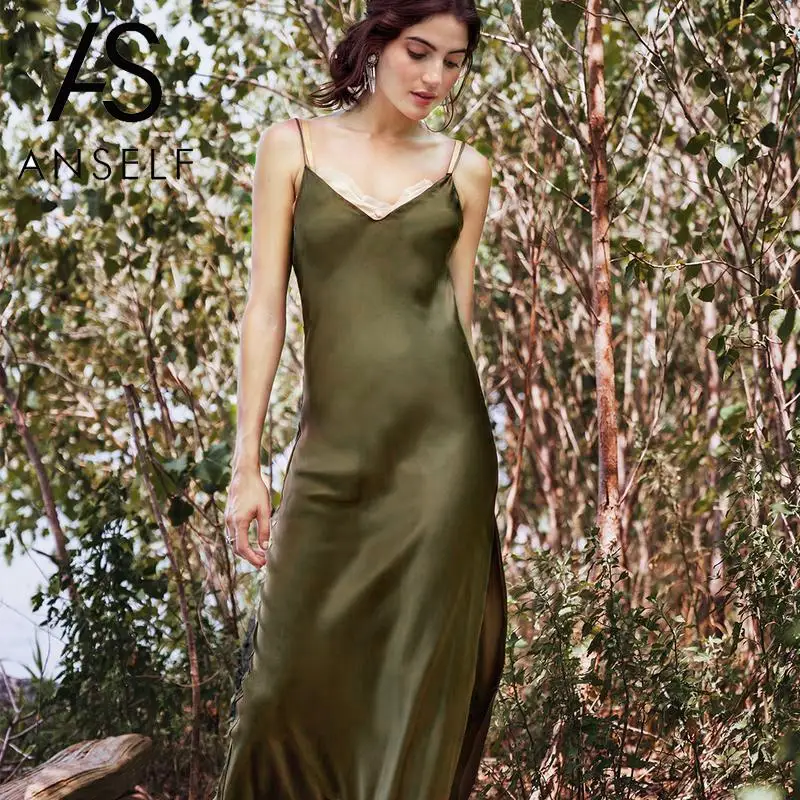 Сексуальное летнее платье женское атласное Макси с v образным вырезом на