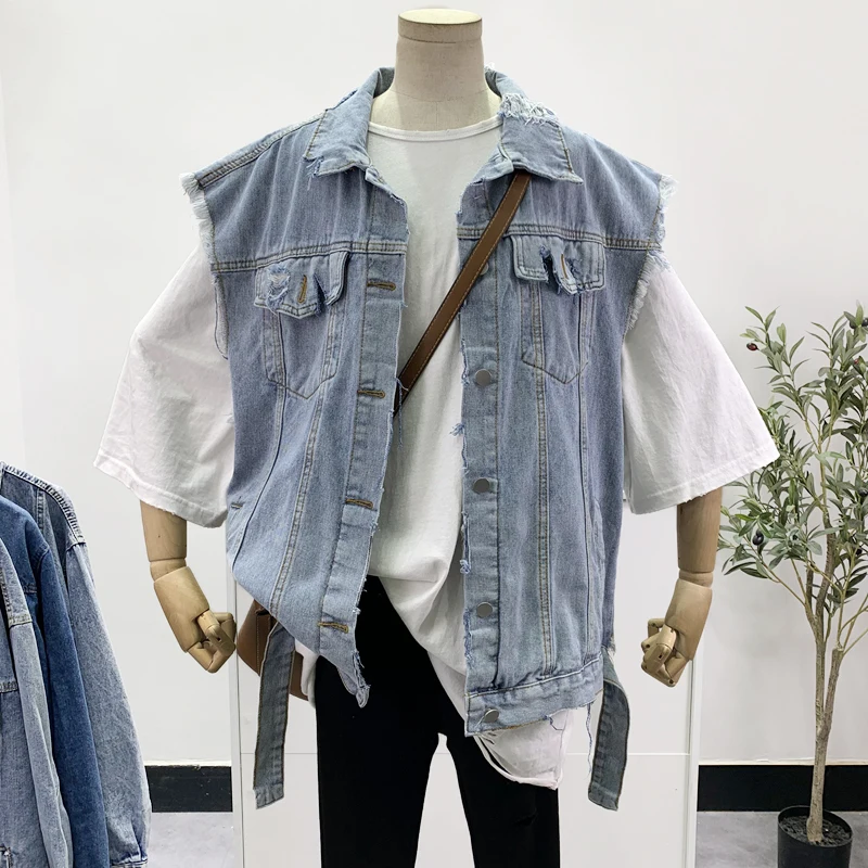 

Vintage Frayed Burrs Hole Denim Vest Women Light blue Waistcoat Spring Summer 2021 Loose Oversized Sleeveless Jacket Veste Femme