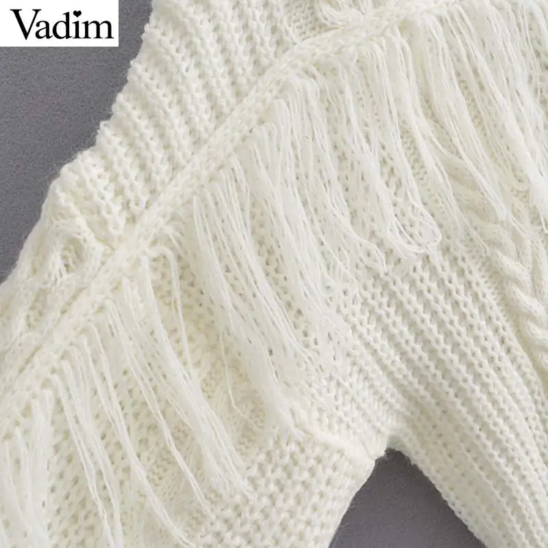 Vadim милый Женский Белый Вязаные свитеры с кисточками в стиле пэчворк Длинные