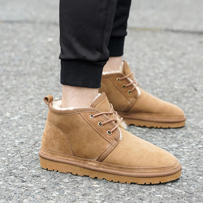 

Men Sheepskin Snow Boots Winter Sneakers Feet Warmer High Top Lamb Fur Boots Classic Khaki Snow Shoes 2021 Winter New