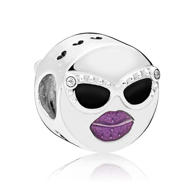 

Original 925 Sterling Silver Charm Black & Purple Enamel Lip & sunglasses Stay Cool Bead Fit Pandora Bracelet DIY Jewelry