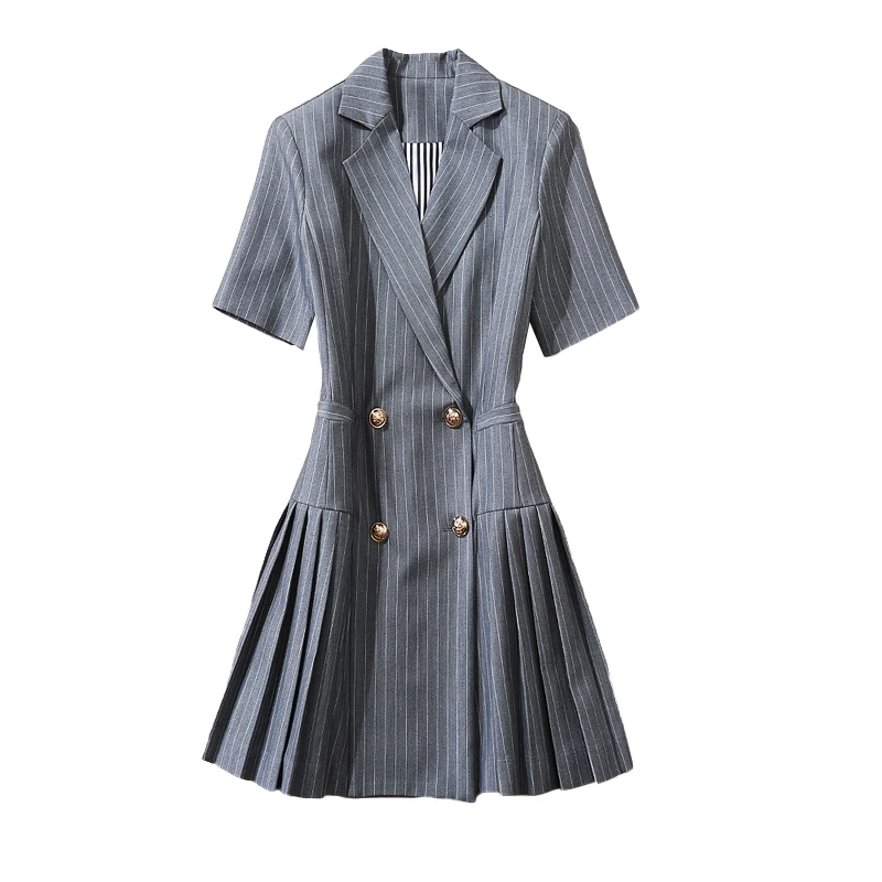 

Summer New Style Sexy V-Neck Short Sleeve Print Stripe Short Sleeve Temperament Slim Fit Pleated Mini Dress Women High Quality