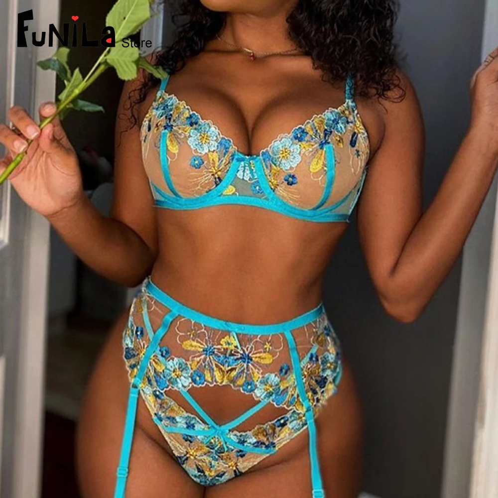 

Bra and Panties Set Women See Through Flroal Embroidery 3 Pieces Underwear Sets Lace Transparent Lingerie Sexy Bralette Costumes