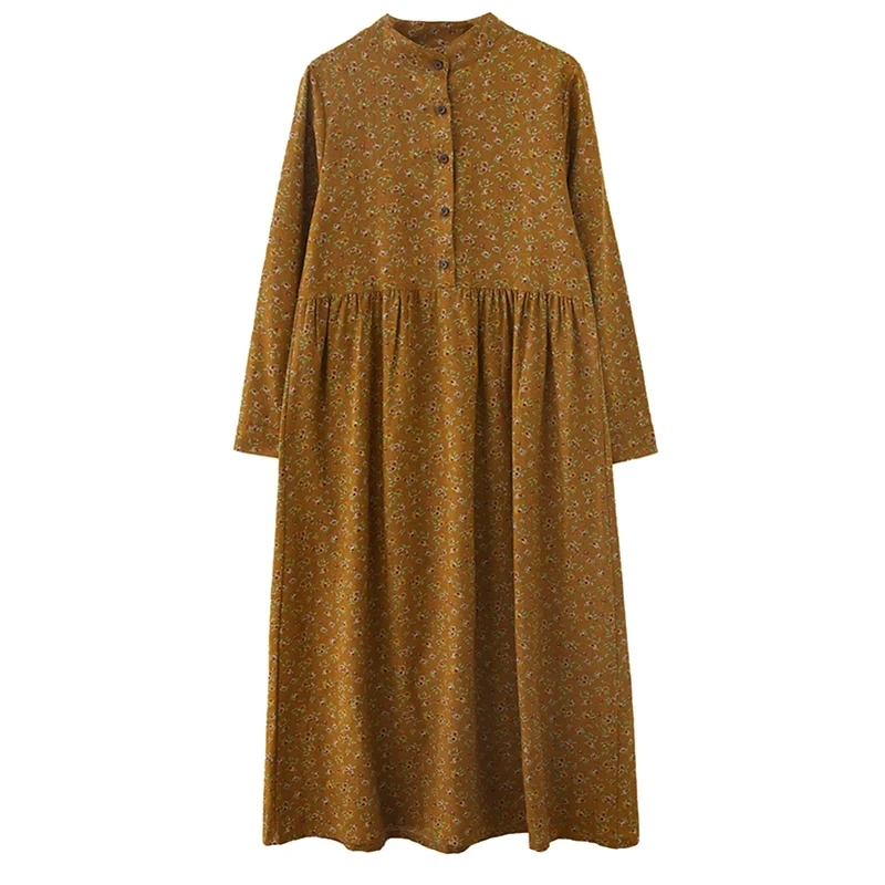 

Cotton Linen Fashion Floral Dresses For Women Stand Collar Long Sleeve Loose Casual Dress Spring Autumn 2021Chic Dress