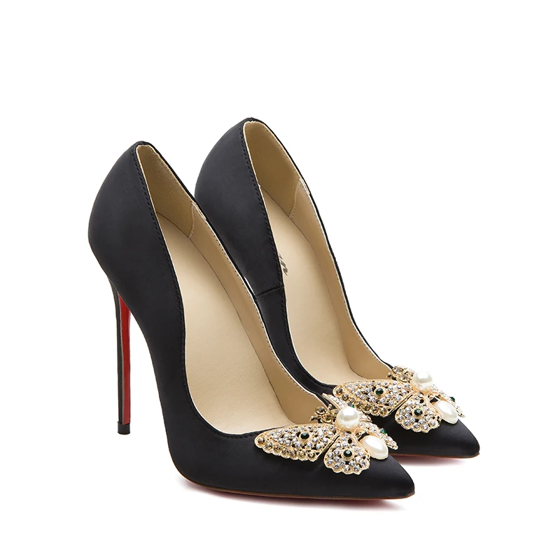 Женские туфли на высоком каблуке черные из шелка с блестками и кристаллами