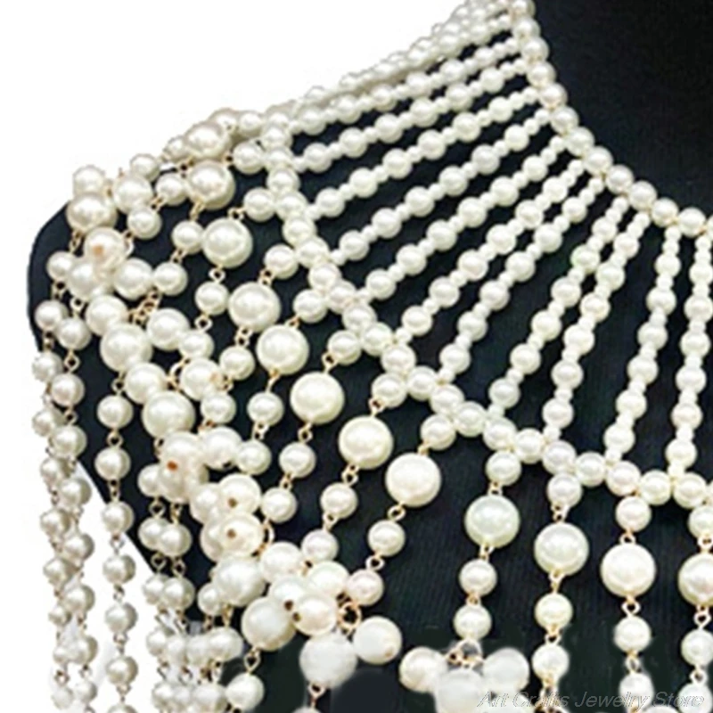 

Imitation Pearl Wavy Chain Necklace Bib Choker Vintage Western Wedding Dress Hollow Out Jewelry Body Chain Collar Shawl A20 21