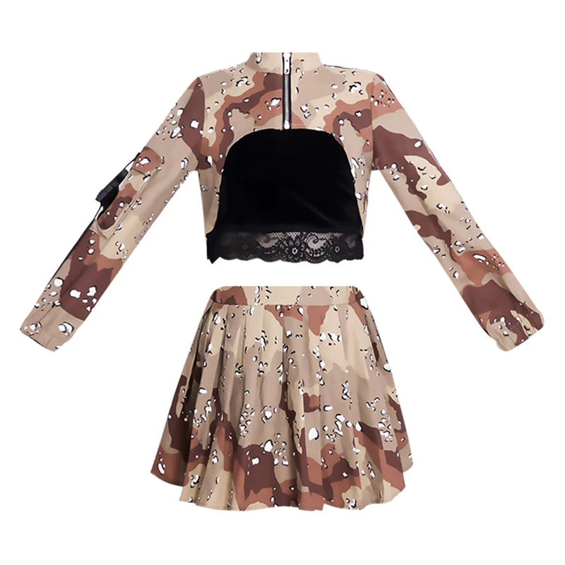 

New Children'S Street Dance Hip Hop Clothing Tide Girls Long-Sleeved Camouflage Costume Jazz Dance Costumes 2 Pieces Set DL4653
