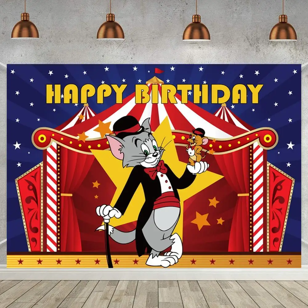 

Tom Cat Hold Jerry Mouse Circus Magic Show Stage Photo Background Wall Poster Kids Birthday Family Party Table Backdrop Vinyl