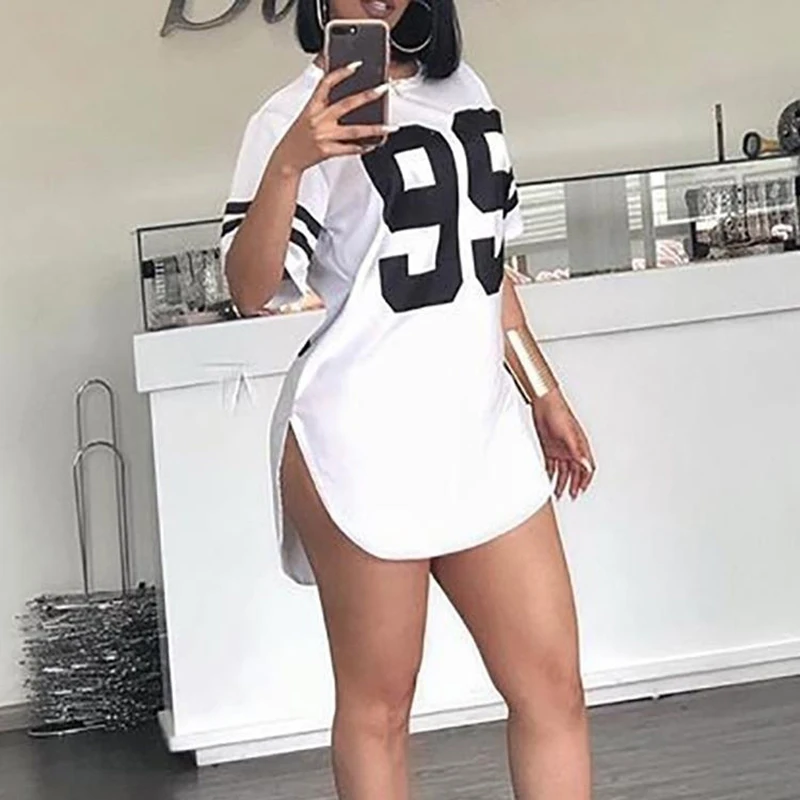 2021 New Number Print Short Sleeve Dresses for Women Summer Casual Solid O-neck Dresses New Loose White Dress Sundress Robe Mini