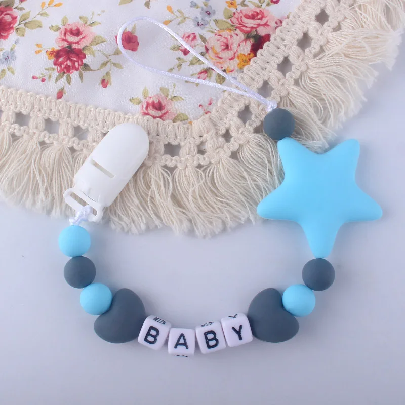 

Personalized Name Handmade Pacifier Clips Holder Silicone Pacifier Chains Five Star Baby Teether Teething Chain Letter Name Clip
