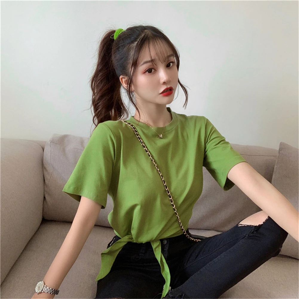 

High Quality Women Cotton Elastic T-Shirts Female Casual Tops Short Sleeve Casual Round Neck High Waist Summer Clothing Girl
