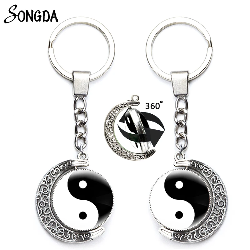 

Tai Chi Yin Yang Moon Keychains Holder Round Black White Chinese Taoism Sign Keyrings Key Chains 360 Degrees Rotated Jewelry
