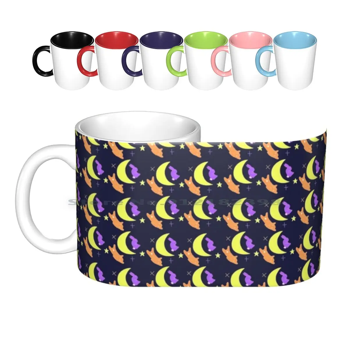 

Night Sky Bunnies Ceramic Mugs Coffee Cups Milk Tea Mug Rabbits Pastels Trend Trending Trends Lilac Purple Orange Moon Star