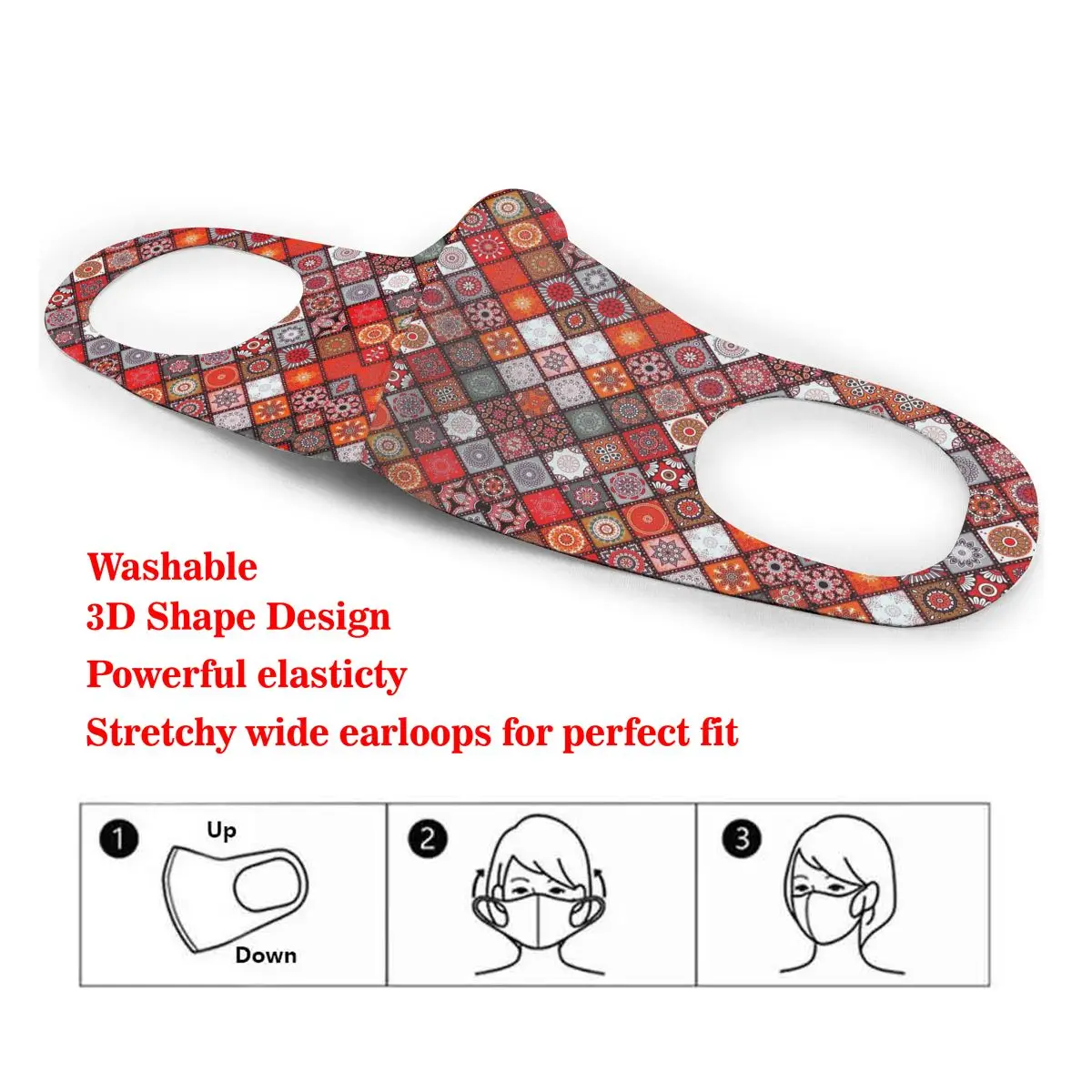 

Dust Mask Retro Red Mandala Graphic Flower Splicing Tiles Mouth Face Cover Respirator for Adult Kid Washable Reusable Pollution