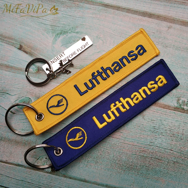 

MiFaViPa 2 PC Insert Before Flight Keyring Lufthansa Keychain Fashion Trinket Embroidery Key Chain for Men Gift Flight Crew