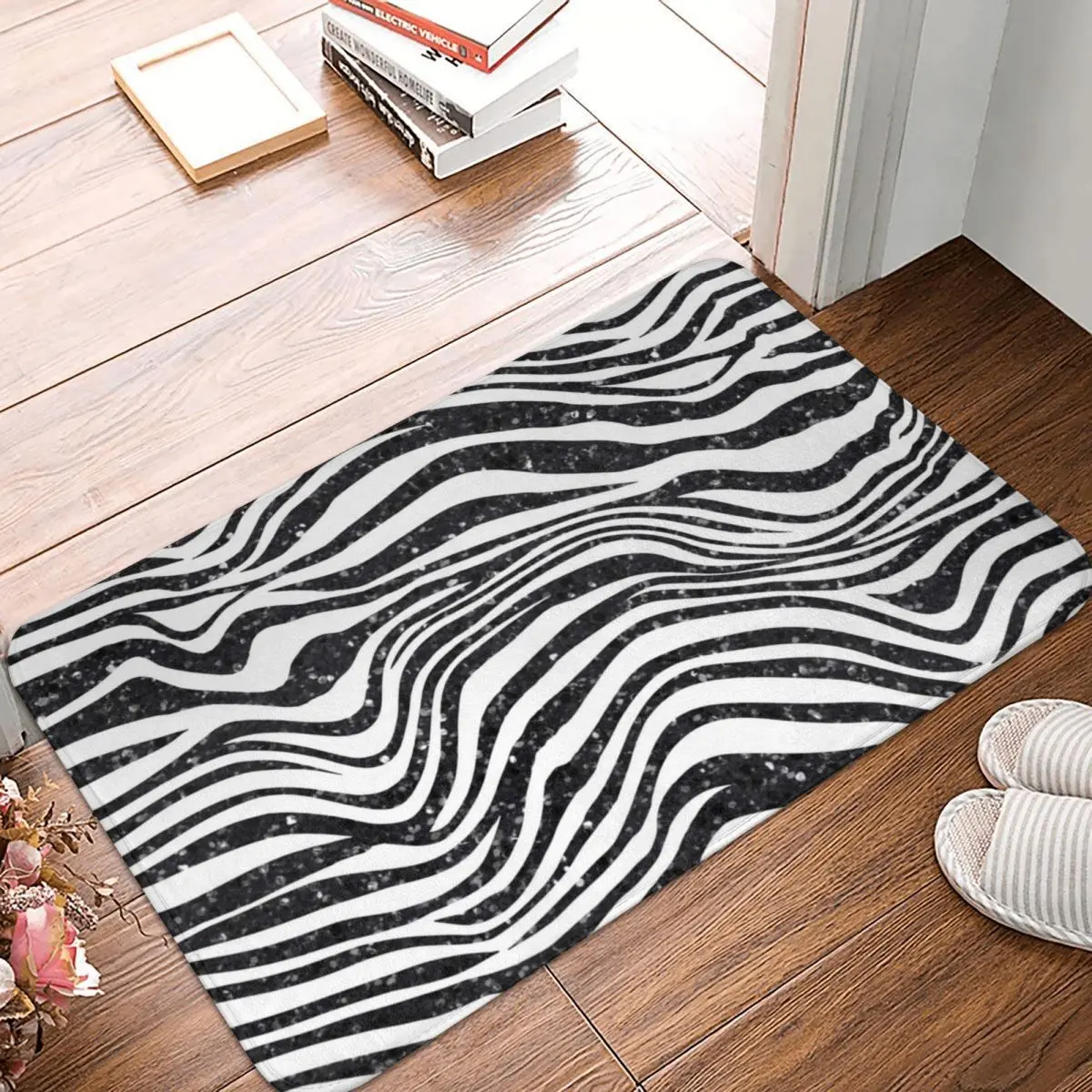 Блестящий полиэстеровый напольный коврик с зеброй для ног нескользящий прочный