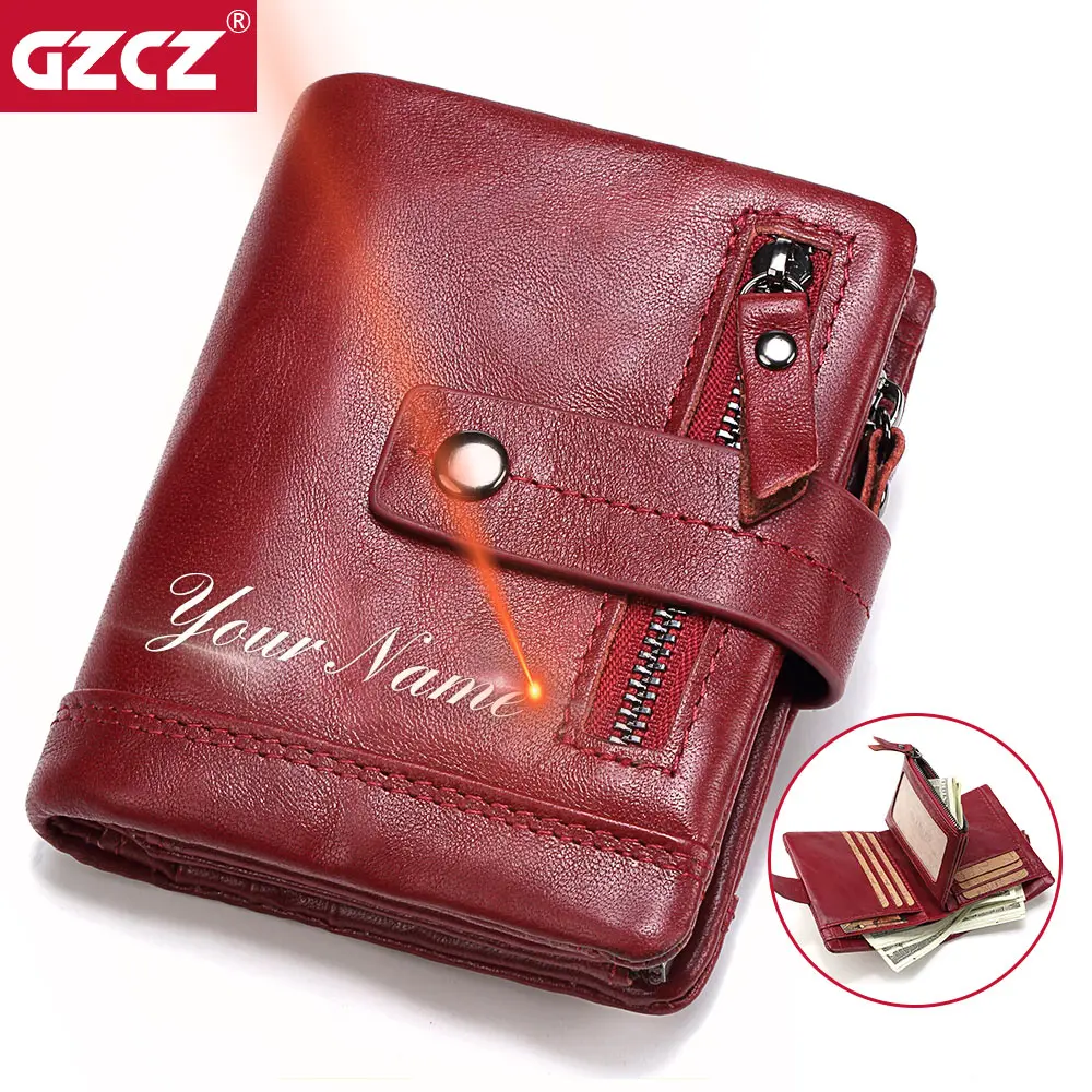 

Кожаные кошельки GZCZ для женщин, маленький узкий бумажник на застежке с кармашком для мелочи, дизайнерский кошелек красного цвета с рчид-кар...