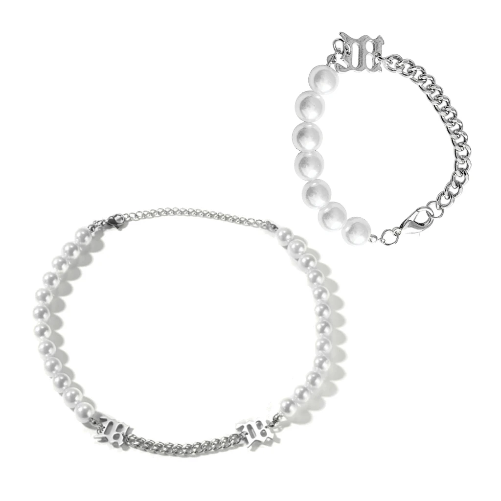 

2Pcs Pearl Bracelet Necklace for Women Elegant White Pearl Metal Choker Bracelet Necklace Statement Jewelry Set Fashion Jewelry