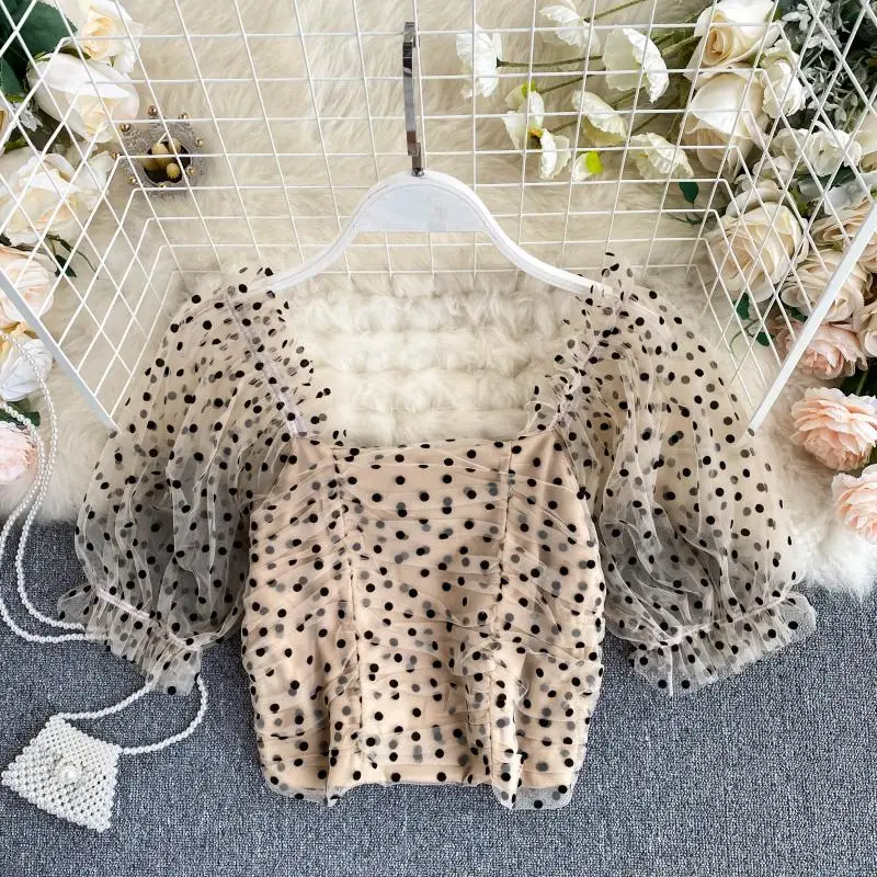 Блузка SINGRAIN Женская сетчатая в горошек винтажный Романтический топ Корейском