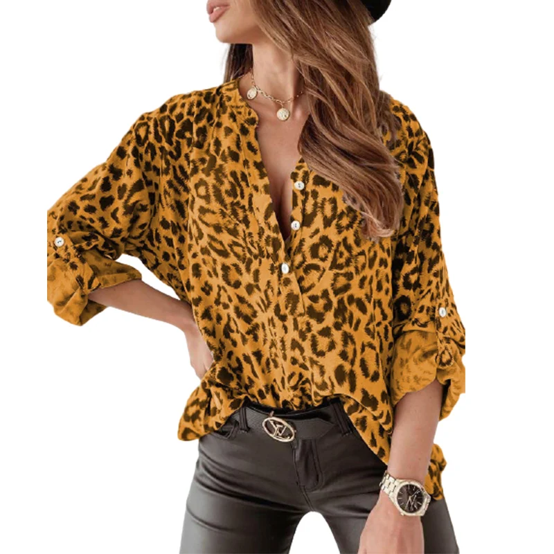 

Spring Summer Women Leopard Print Casual Long Sleeve Blouse Top V Neck Elegant Ladies Office Button Loose Shirt Clothes