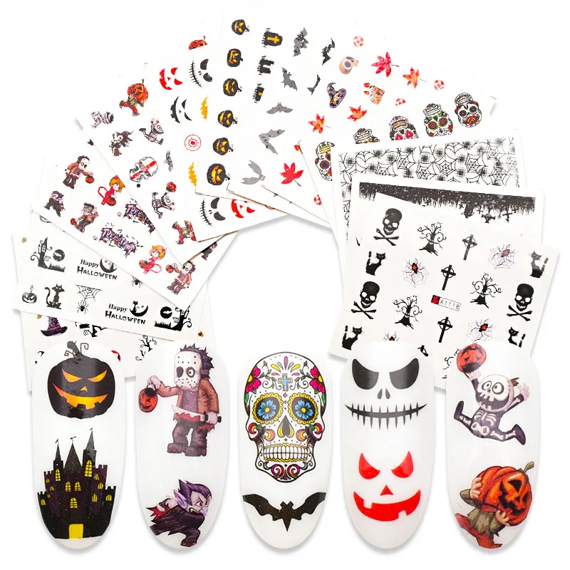 12/24 шт Хэллоуин летучая мышь ведьма Дизайн ногтей Переводные слайдеры переводные