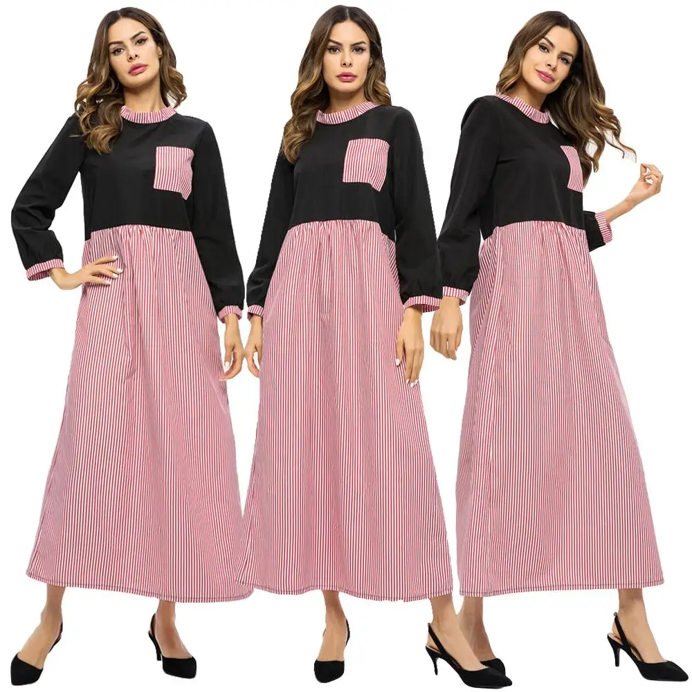 Женское Макси платье в полоску Abaya повседневное длинное мусульманское вечернее