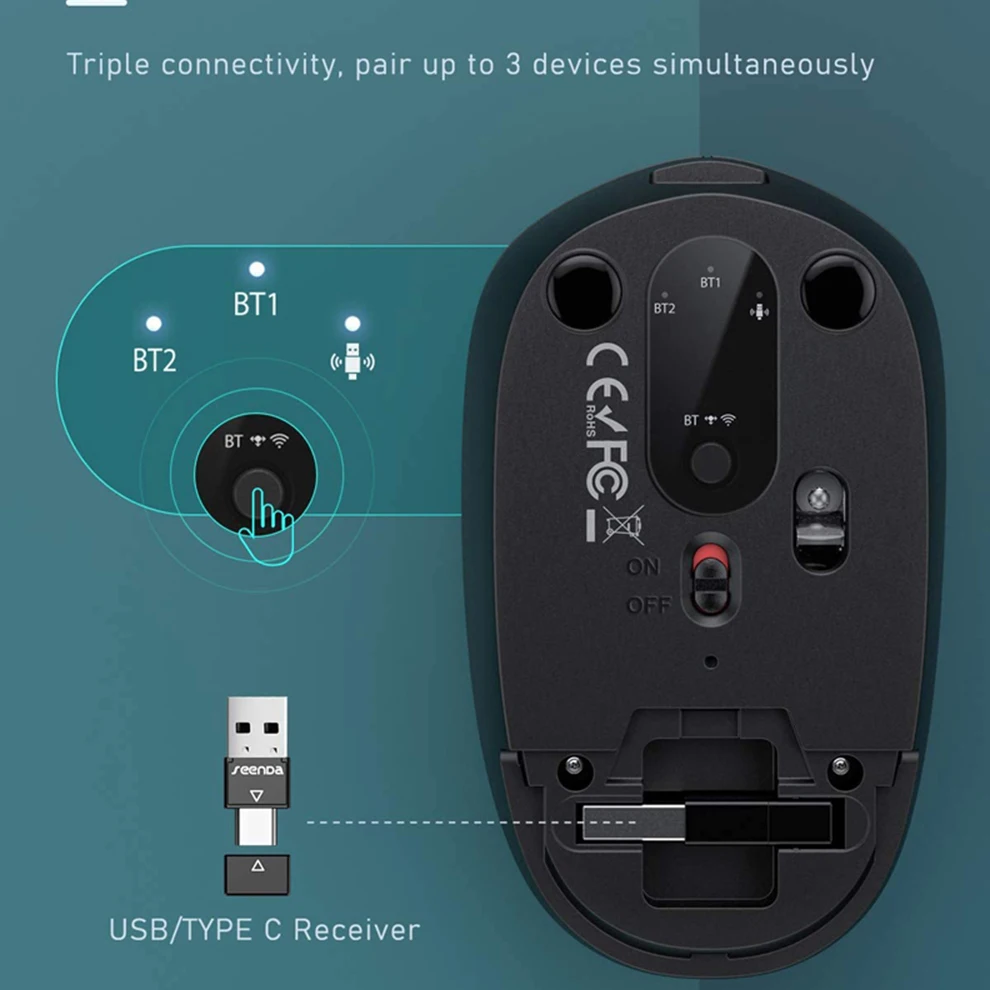 SeenDa Bluetooth Rechargeable Wireless Mouse Slient Click 2400 DPI Type-c+USB for Laptop iPad Computer Mause Ergonomics | Компьютеры и
