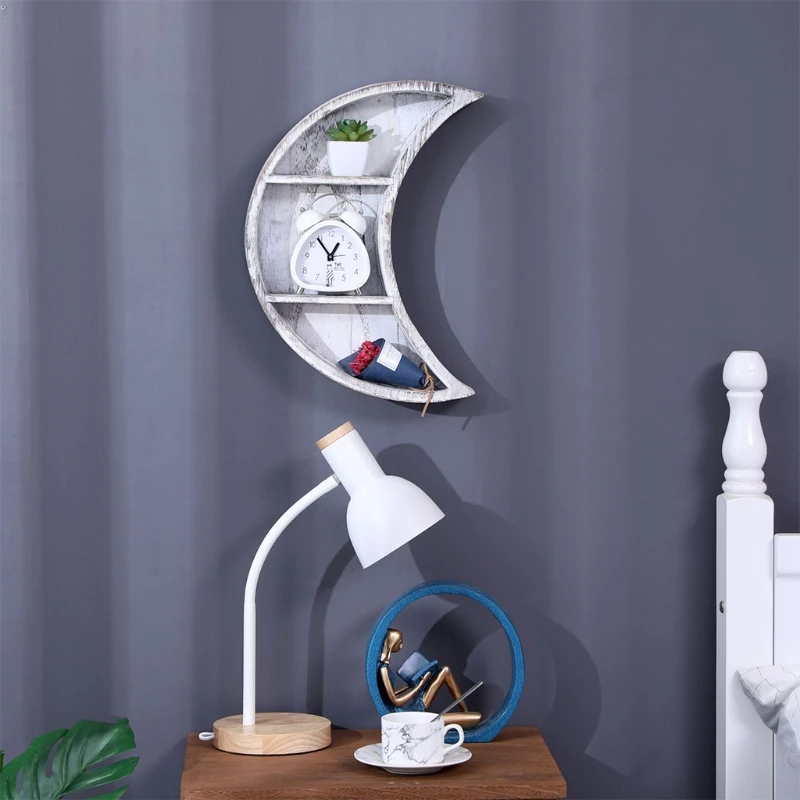 

Wall Hanging Wooden Moon Wall Shelf 3 Tier Crescent Phase Display Shelves Wall Decor Hanging Storage for Living Room
