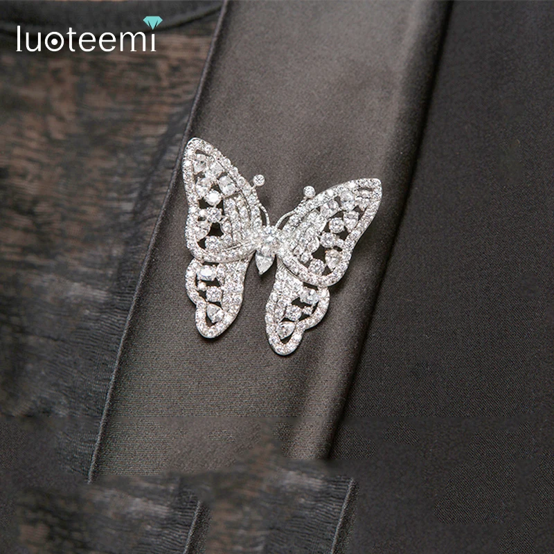 

LUOTEEMI Fashion Luxury Beautiful Butterfly Cut with Clear Cubic Zircon Brooch for Briadl Wedding Brooches Dinner Party Jewelry
