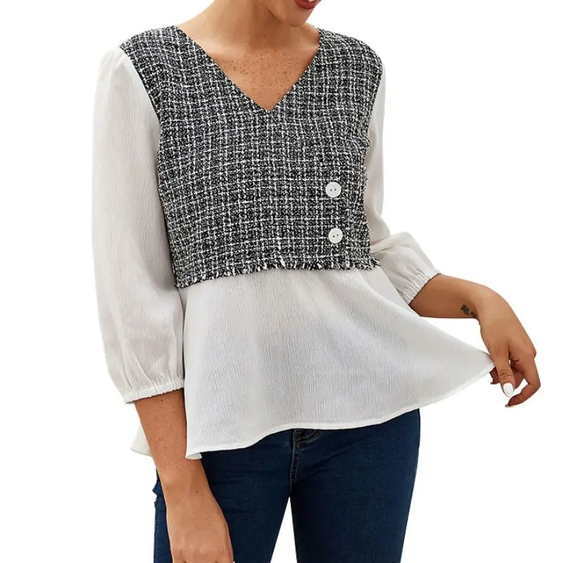 Женская футболка в клетку с V образным вырезом и рукавом 3/4|Футболки| |