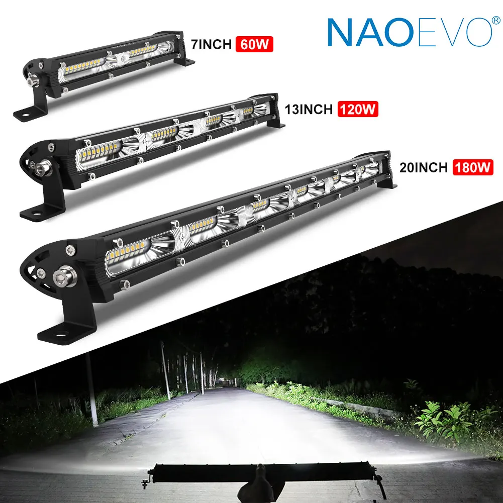 

NAOEVO 7" 13" 20" inch Slim Barra Led 60W 120W 180W Flood Single Row 4x4 Led Bar Fog For Truck SUV ATV Jeep Offroad Light Bar