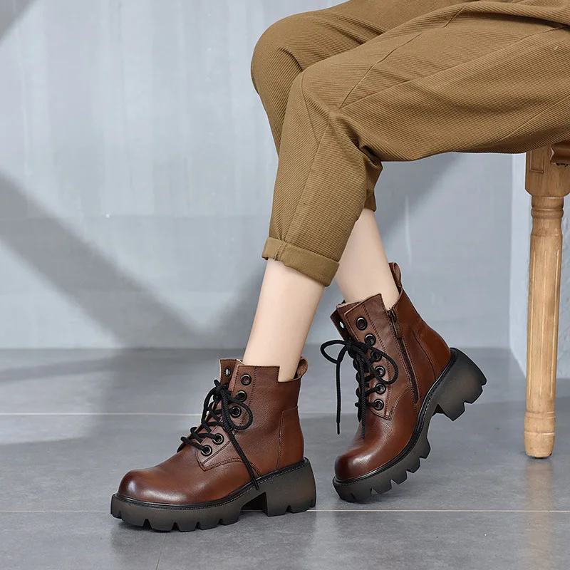 

Women's Leather Ankle Boots Thick Bottom Round Head Genuine Leather Boots All-match Side Zipper Platform Heel Women's Boots