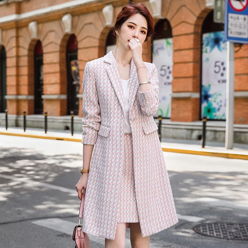 

Женский костюм из двух предметов, элегантный длинный клетчатый пиджак с юбкой, облегающая юбка, зима