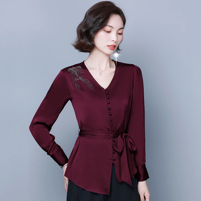 

Silk shirt women long-sleeved 2020 autumn new V-neck lace-up satin Women blouse shirt plus size women's shirt