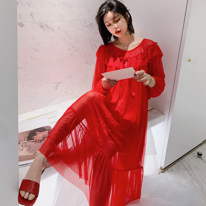 

Женская кружевная ночная сорочка pring, Красная белая кружевная ночная сорочка принцессы в Королевском Стиле, однотонная пикантная Элегантна...