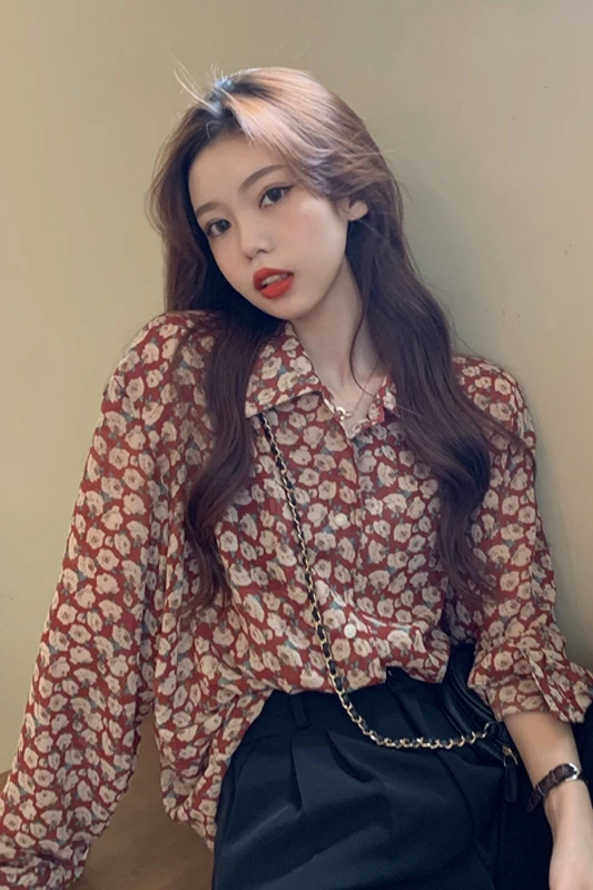 

Summer New Retro Hong Kong Style Loose Long Lazy Sun Protection Clothing Slimming Long Sleeve Floral Shirt Top