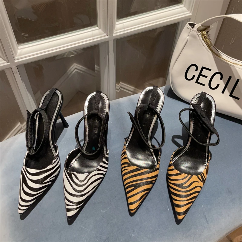 

Zebra Pattern Back Strap Pointed Toe Sandals Shoes Women Thin High Heels Sexy Pumps Party Dress Shoes Slingback Sandal Chaussure