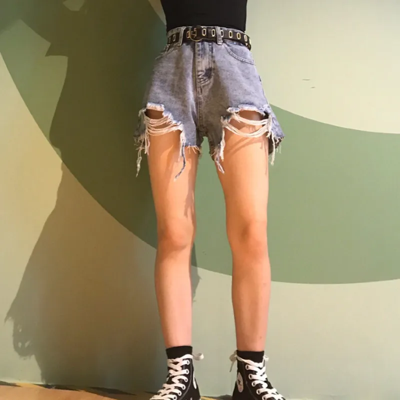 

Women's High Waist Denim Shorts Ripped Hollow Out Hole Streetwear Plus Size Black Blue Jean 2021 New Fashion Summer