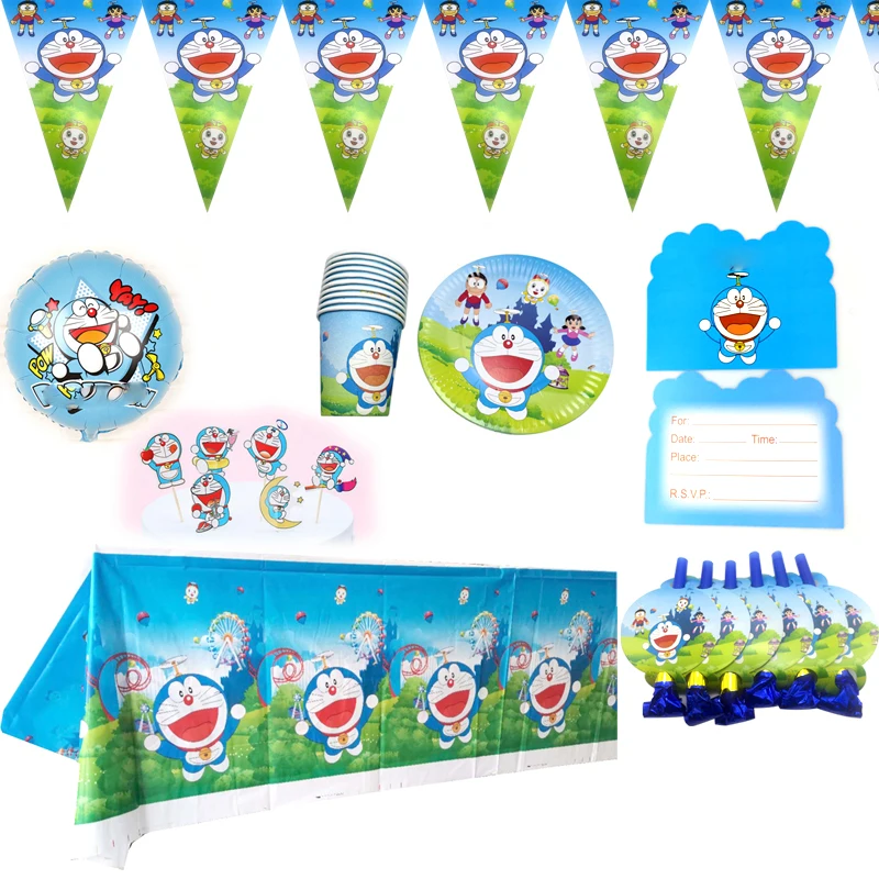 Globos con tem&aacute;tica de Doraemon, decoraci&oacute;n de pasteles, banderas, vasos para Baby Shower, platos, pancarta, mantel para fiesta de cumplea&ntilde;os, 81 unids/lote-0