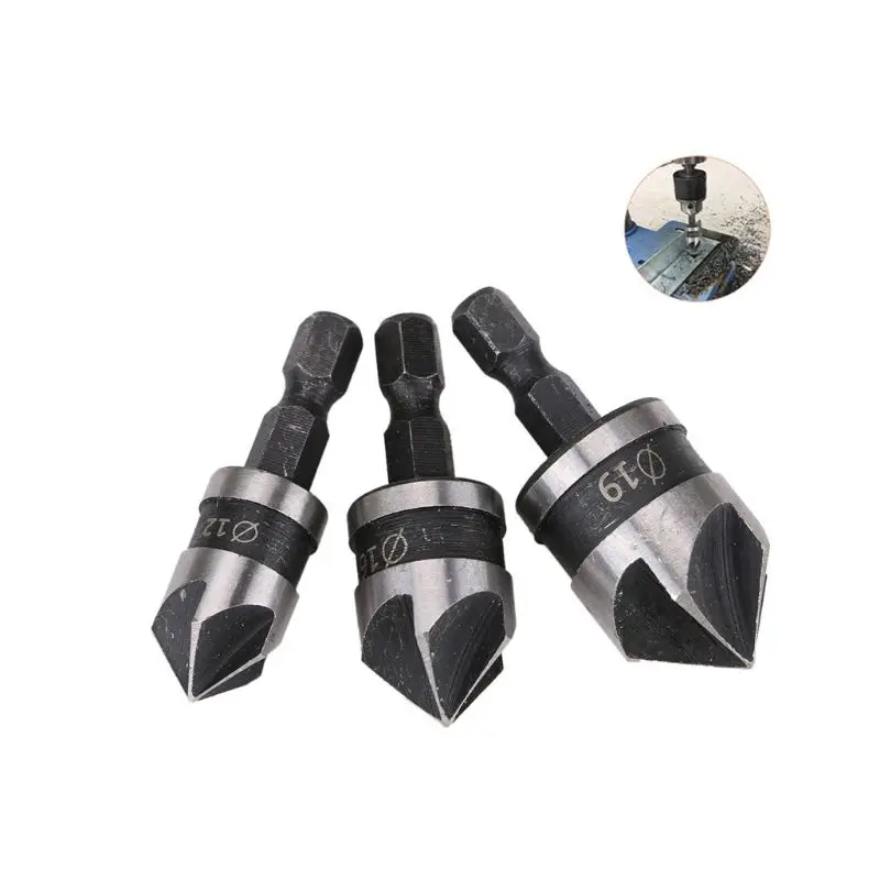 

3pcs/set 90 Degree 1/4 Hex Drill Rod 5 Flute 12mm 16mm 19mm Wood Debur Counter