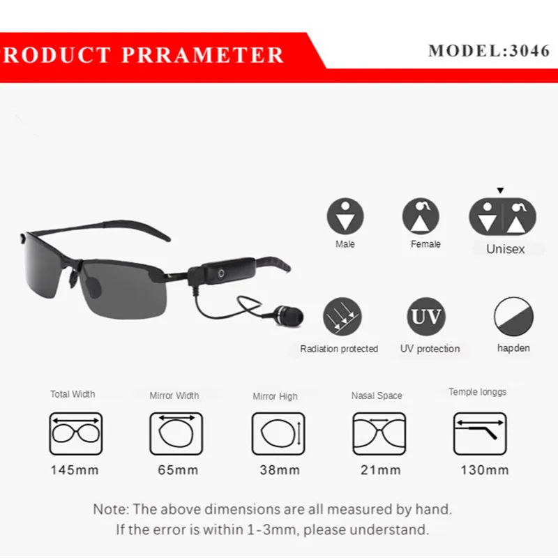 

KAIXING Mens Sunglasses Smart Stereo Bluetooth Glasses Music Call Universal Brand Retro Polarized Sunglasses for Women 3046