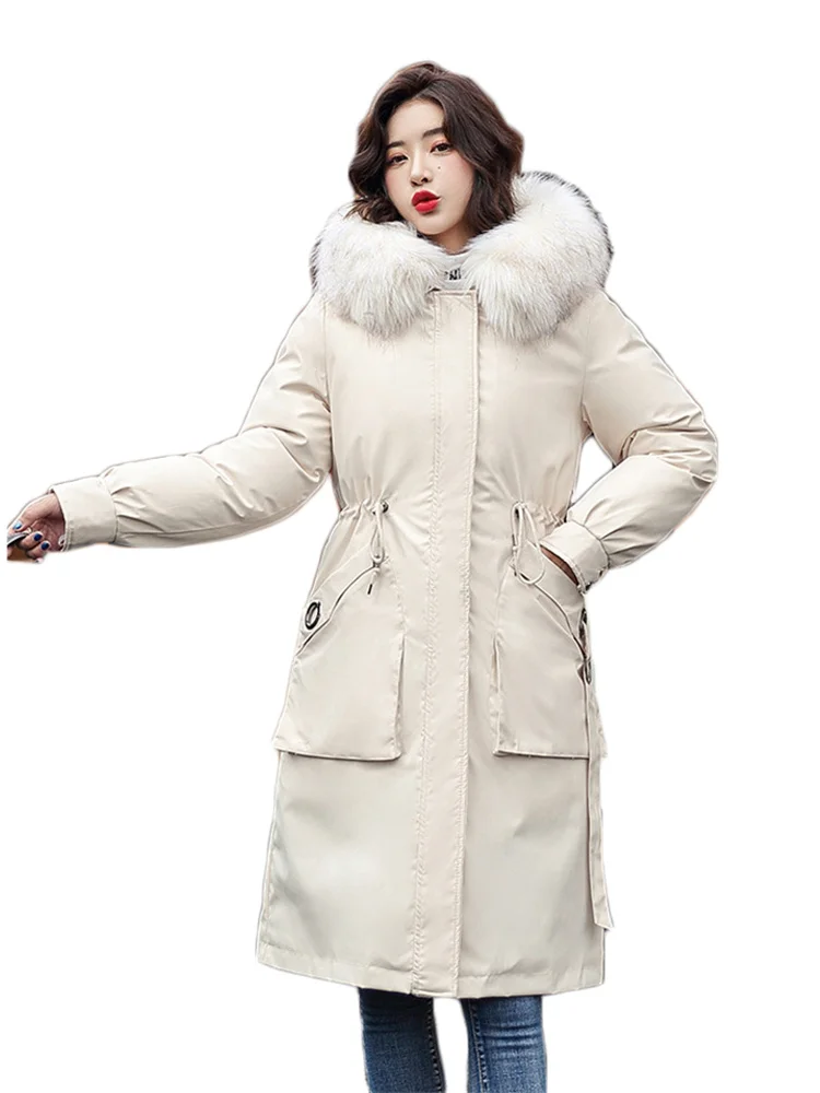 

Parka Women 2022 Winter New Fashion Faux Fur Collar Hooded Down Cotton Jackets Long Slim One Piece Many Wear Way Female Clothing