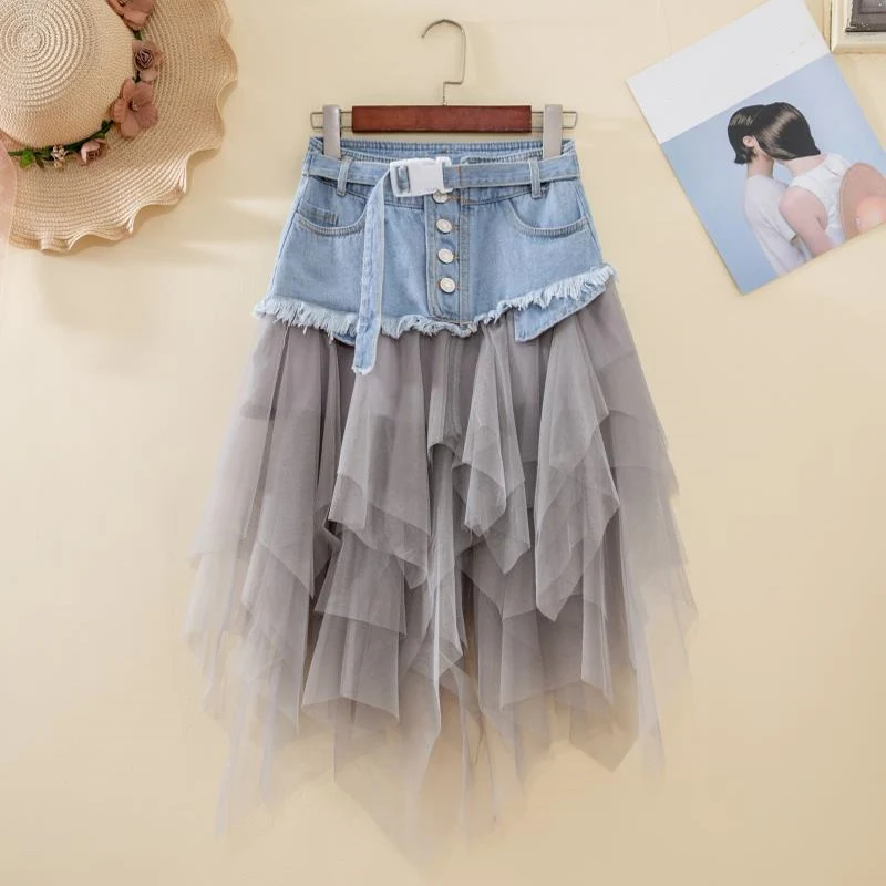 

Женская длинная Плиссированная юбка, готическая юбка средней длины с высокой талией, поясом и карманами, джинсовая юбка-пачка, Y2K